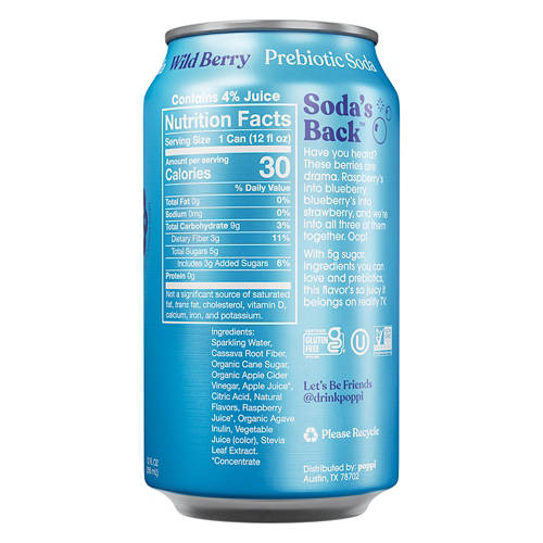 Poppi Wild Berry Prebiotic Soda, 12 fl oz